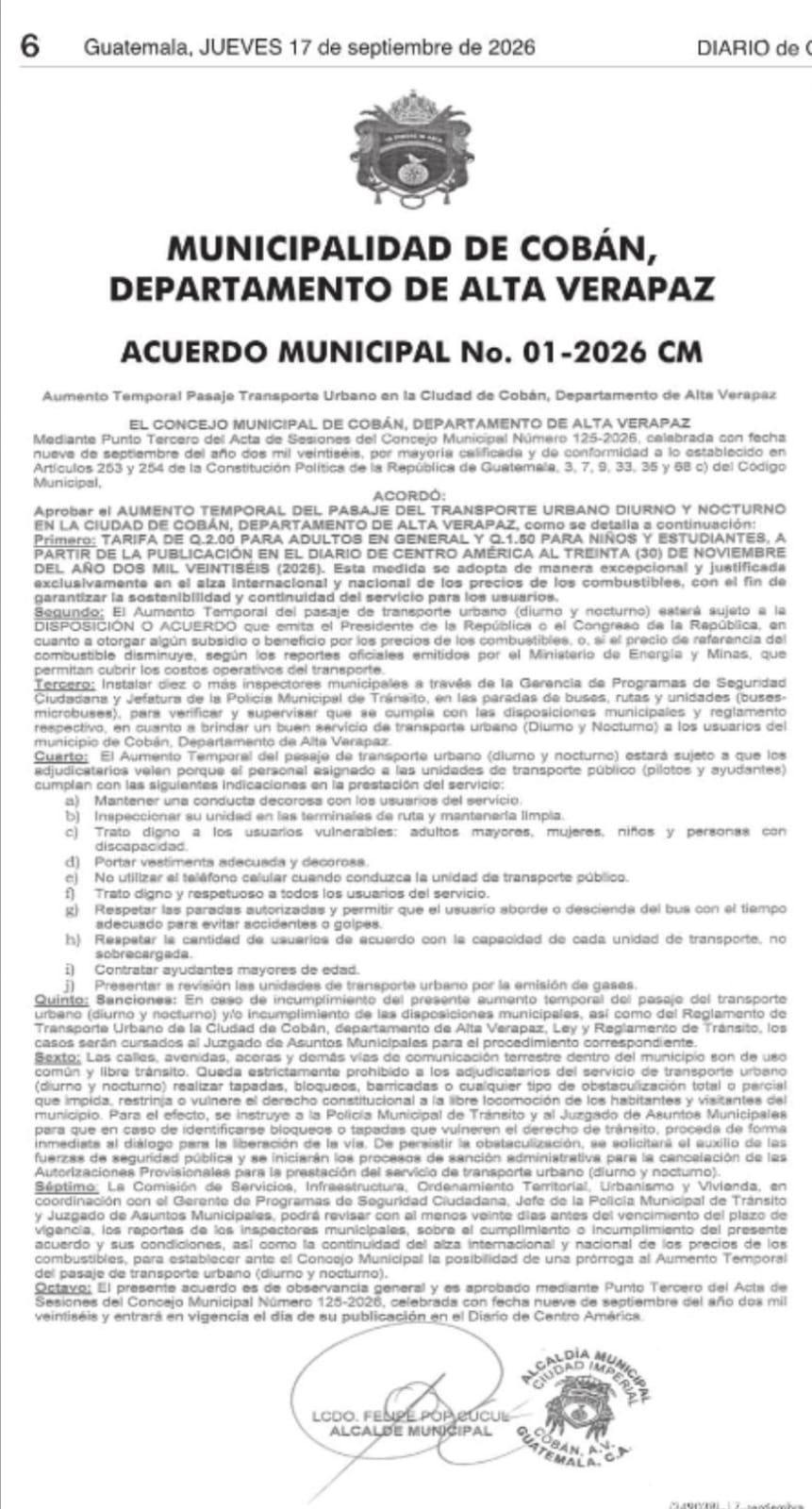 Captura del acuerdo municipal 1-2026 de Cobán, Alta Verapaz.Foto: Diario de Centroamérica 