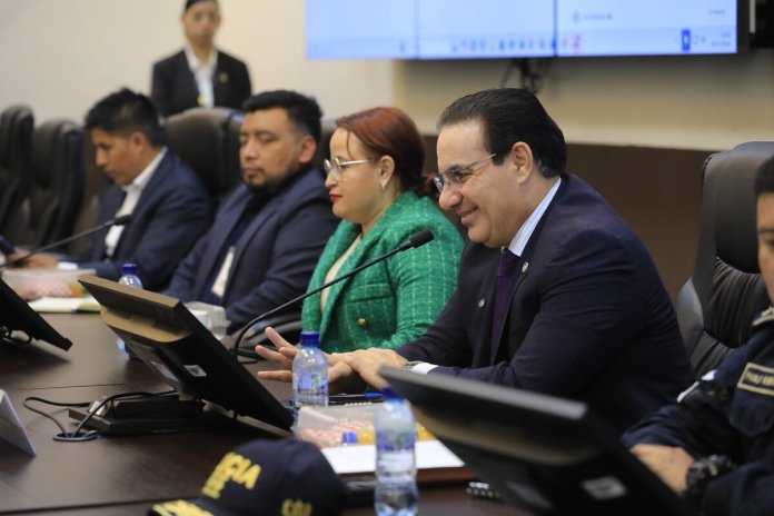 El ministro de Gobernación, Marco Antonio Villeda, y la viceministra de Tecnología, Karen Ortiz, en una citación en el Congreso. Foto: Ministerio de Goberación.