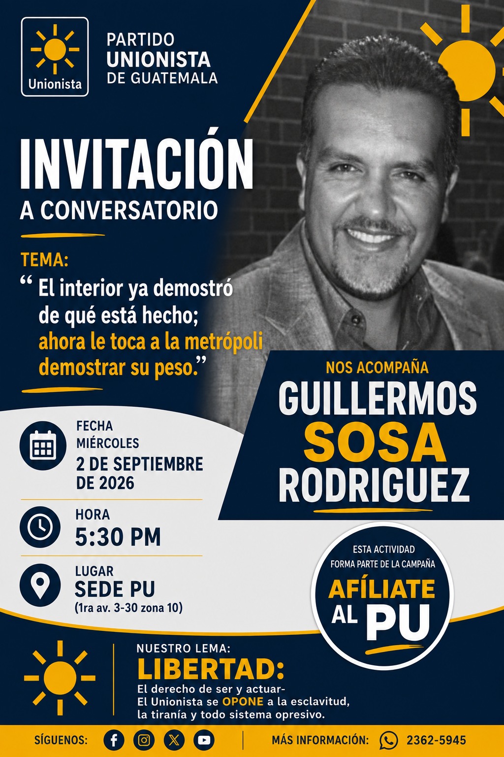 Así promocionó el Partido Unionista la participación de Guillermo Sosa en uno de sus conversatorios.