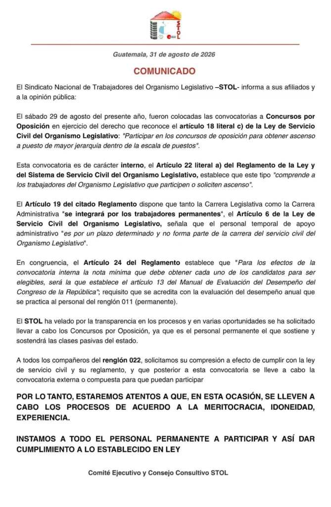 También el STOL hace un llamado a la junta directiva por la convocatoria intera para empleados permanentes.